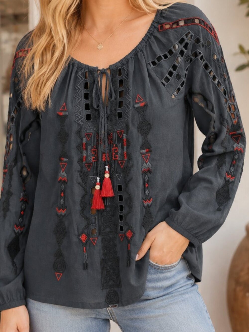 Biya Johnny Was Gray Charcoal Embroidered Boho Peasant Blouse Top S - [PH0874]